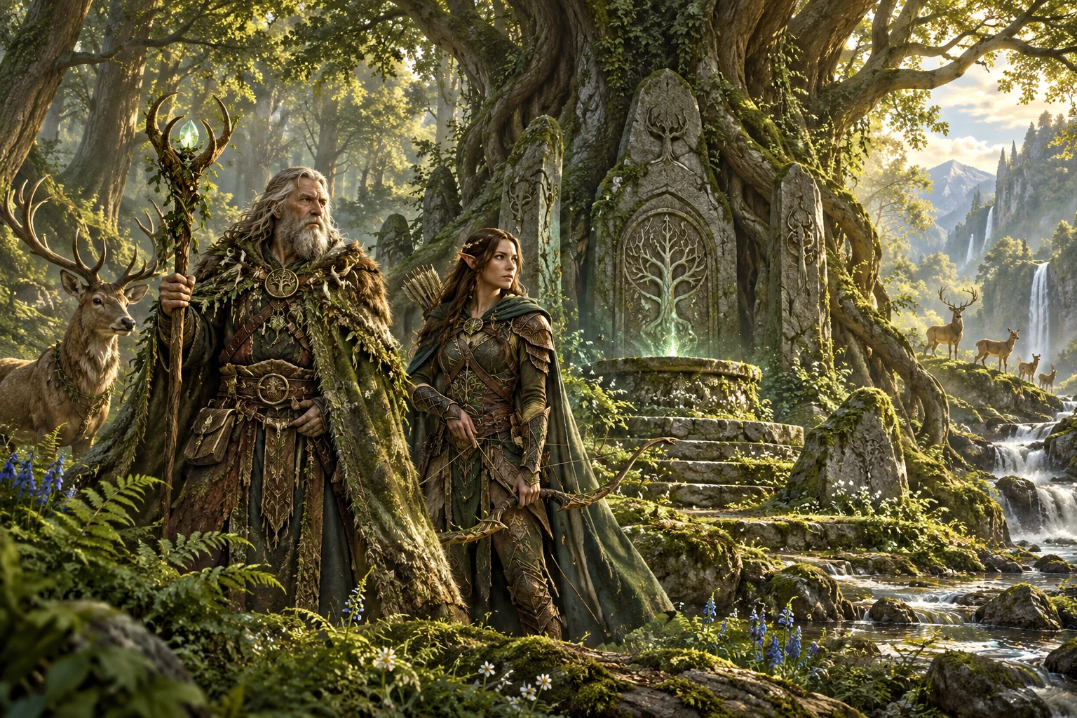A druid and elven ranger guarding an ancient forest shrine
