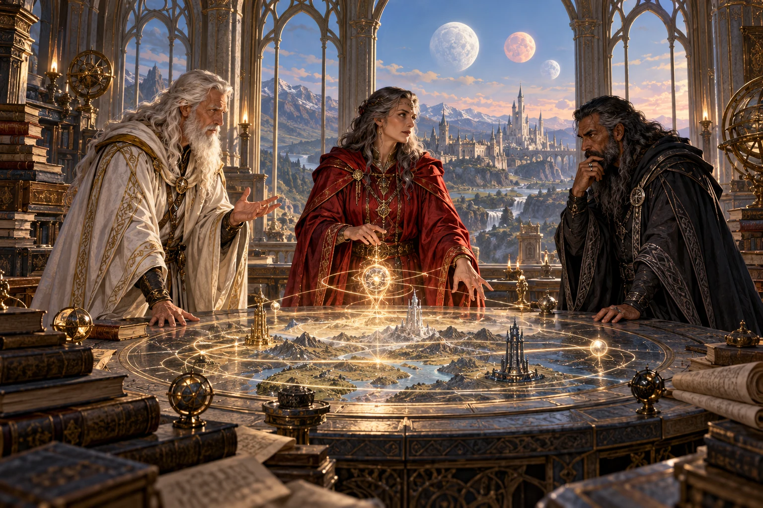White, Red and Black Robe wizards gathered around an arcane table