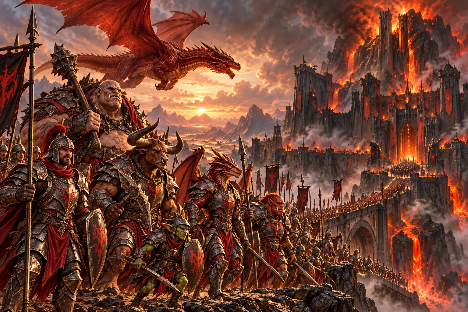 Human, goblin, hobgoblin, minotaur, draconian and ogre troops marching beneath a red dragon