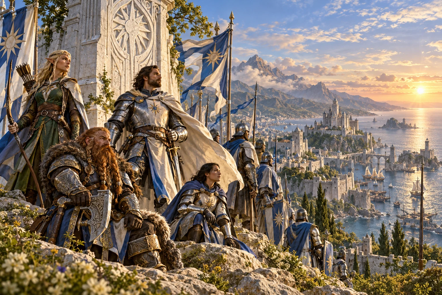 Human, elven and dwarven allies gathered at a white stone monument