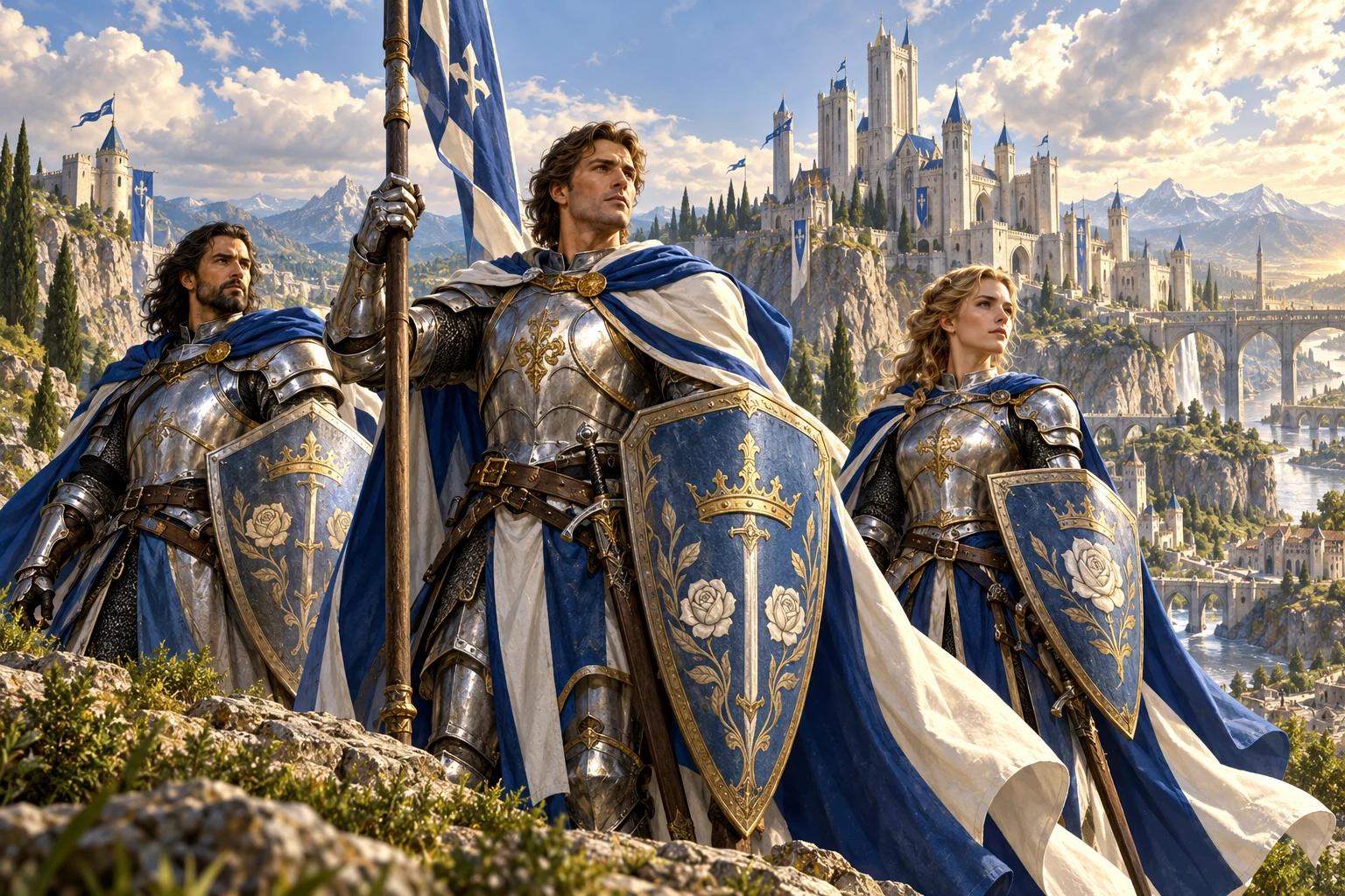 Knights of Solamnia bearing crown, sword and rose shields before a sunlit castle