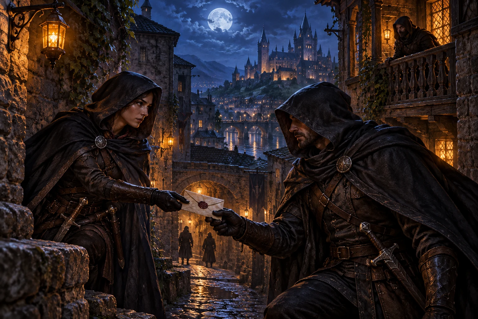 Night Blades exchanging a sealed message beneath a moonlit lookout