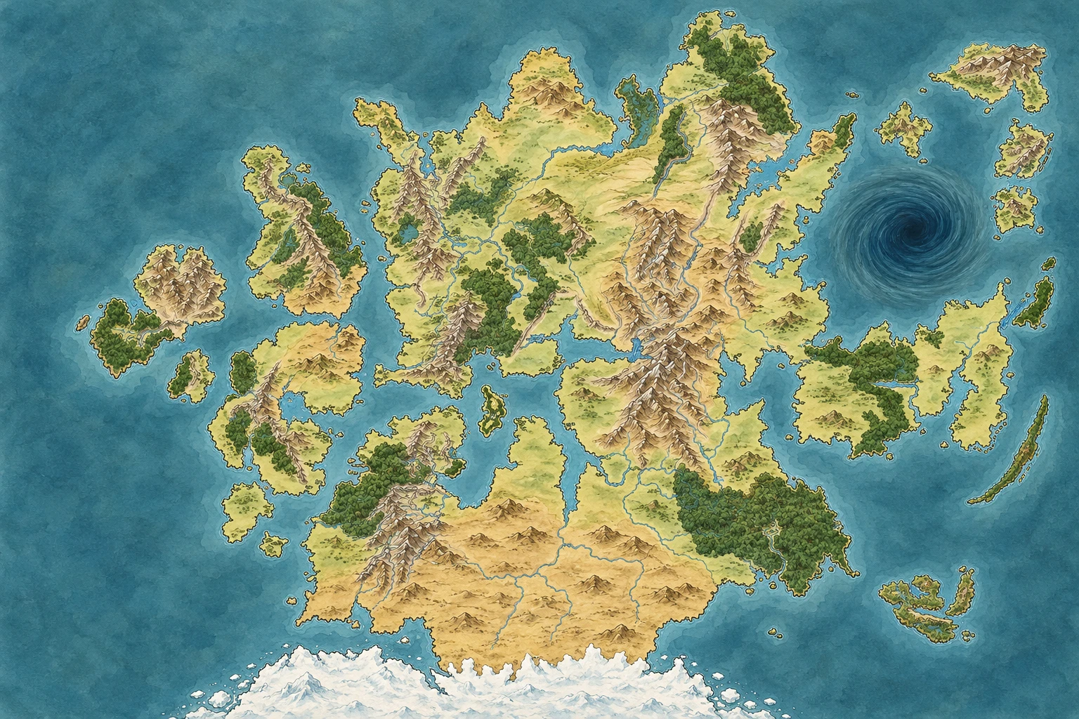 Illustrated north-up map of Ansalon in the War of the Lance era, with seas, mountains, forests, and the southern icefields