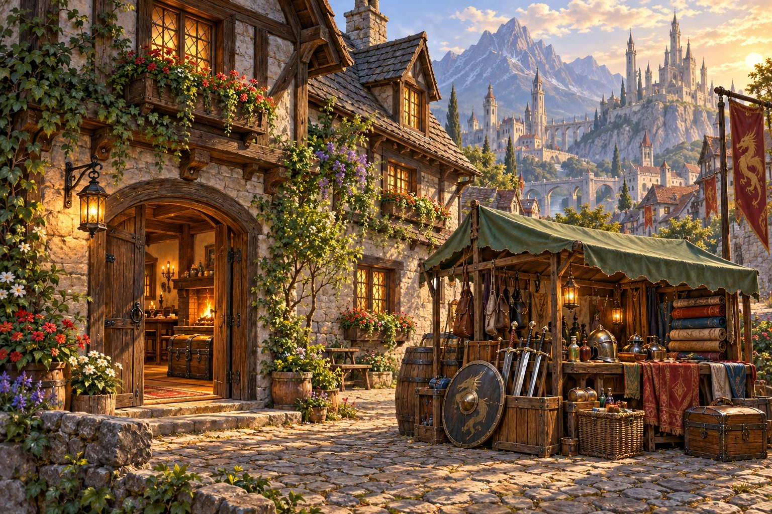 A welcoming stone and timber home beside an adventurer market stall, with sunlit towers and mountains beyond