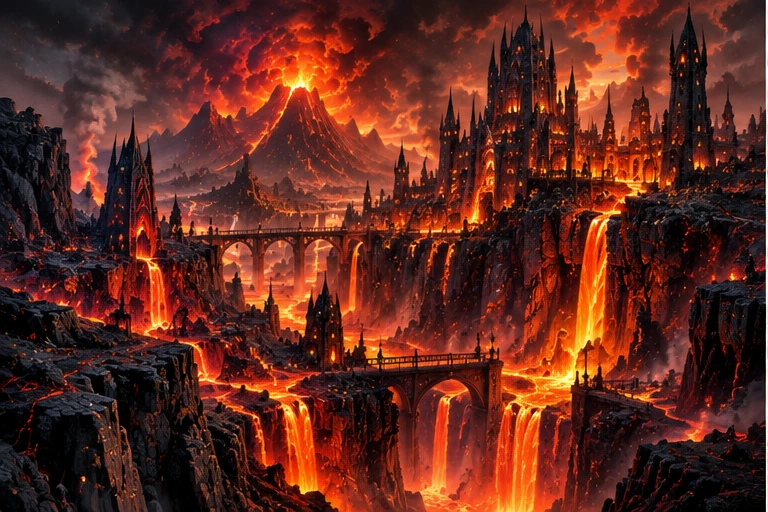Dark towers of Sanction beneath a fiery volcanic sky