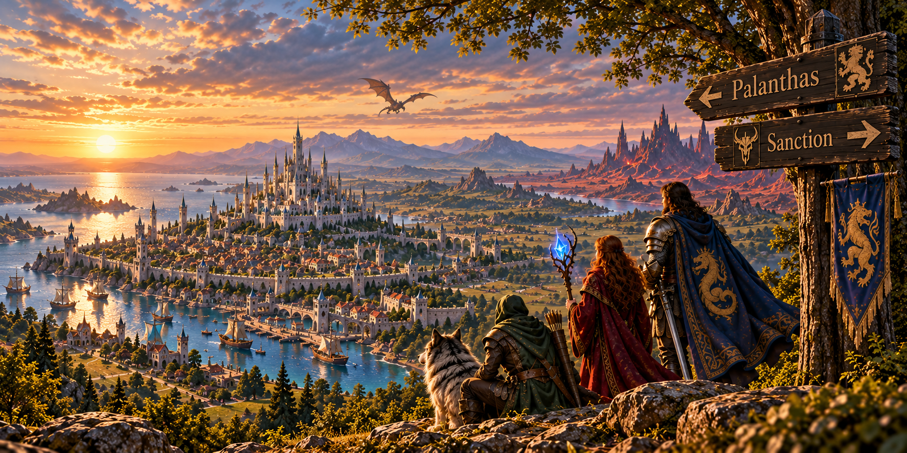 Adventurers overlooking Ansalon, with signposts to Palanthas and Sanction