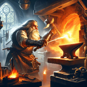 Dwarf working at a fiery forge.