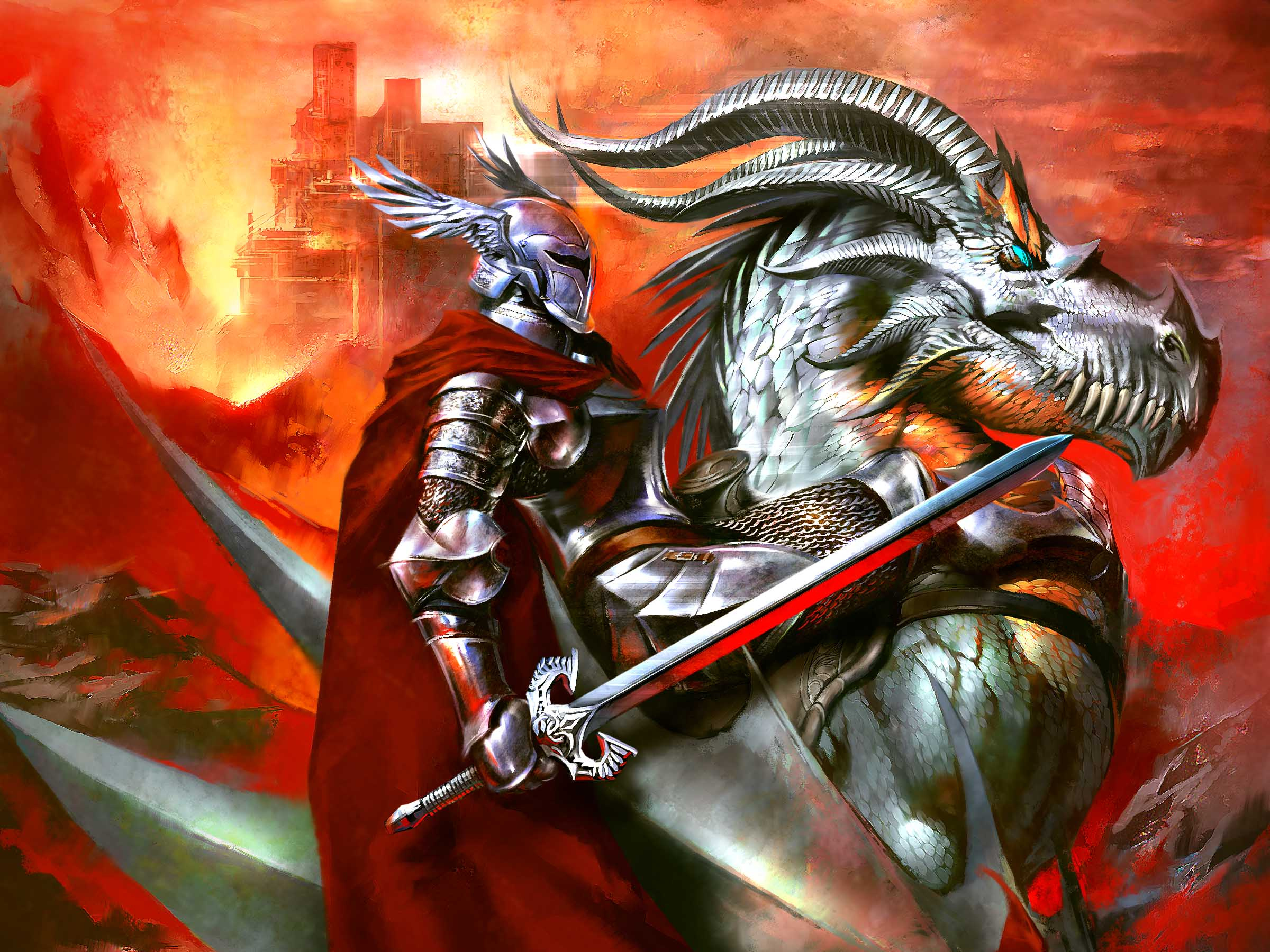 Plate-mailee Knight mounted on a dragon in front of a massive fire.