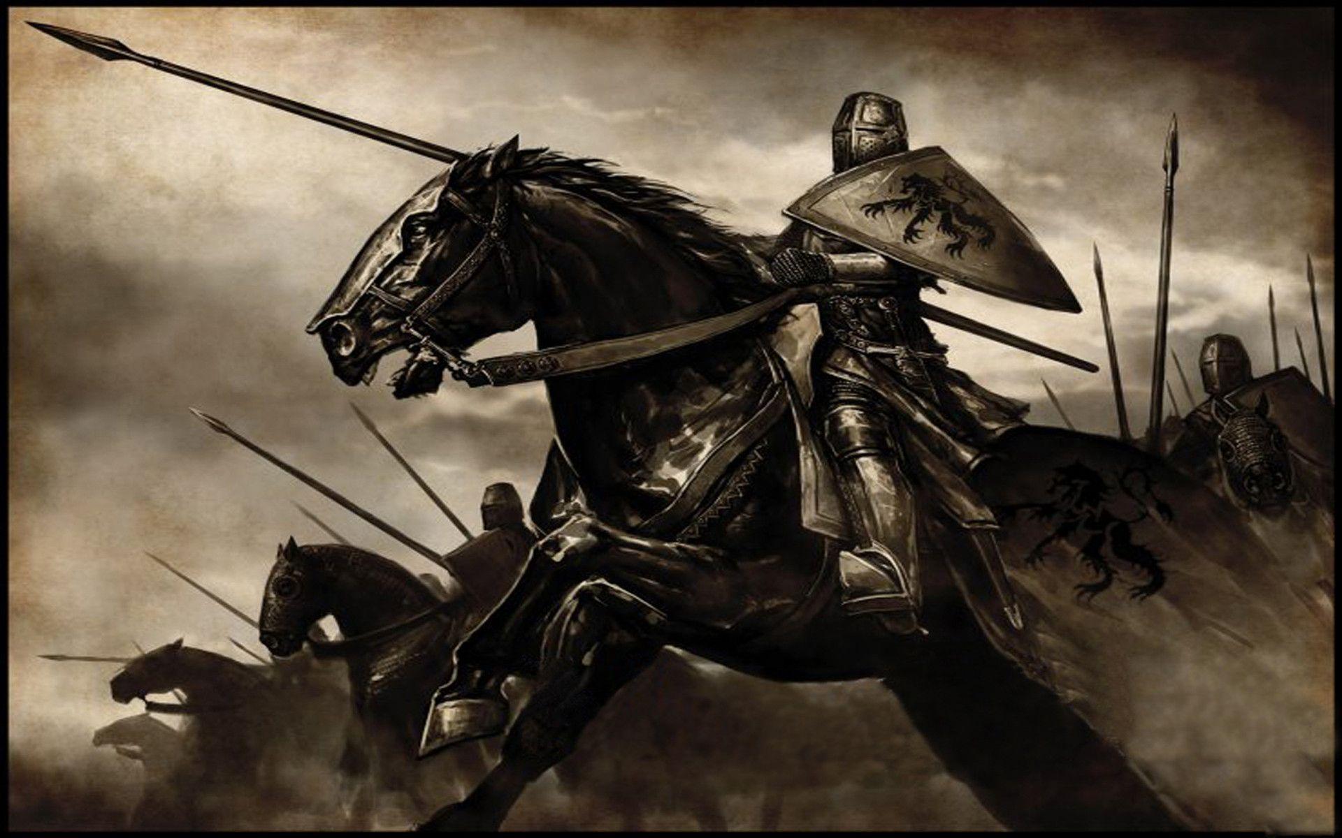 Knights with lances extended, charging on warhorses.